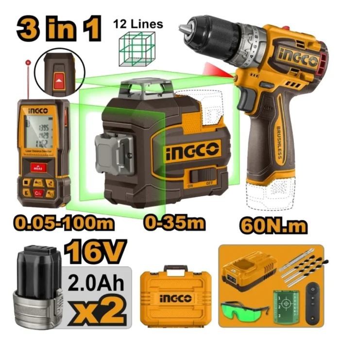 Pack niveau laser telemetre et visseuse ingco – Image 1