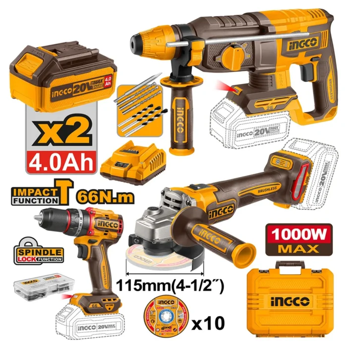 Pack visseuse meule et marteau ingco 20v 4a – Image 1